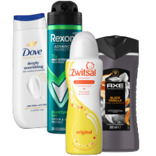 Axe*, Dove* of Rexona of Zwitsal deodorant
m.u.v. mini's en giftsets